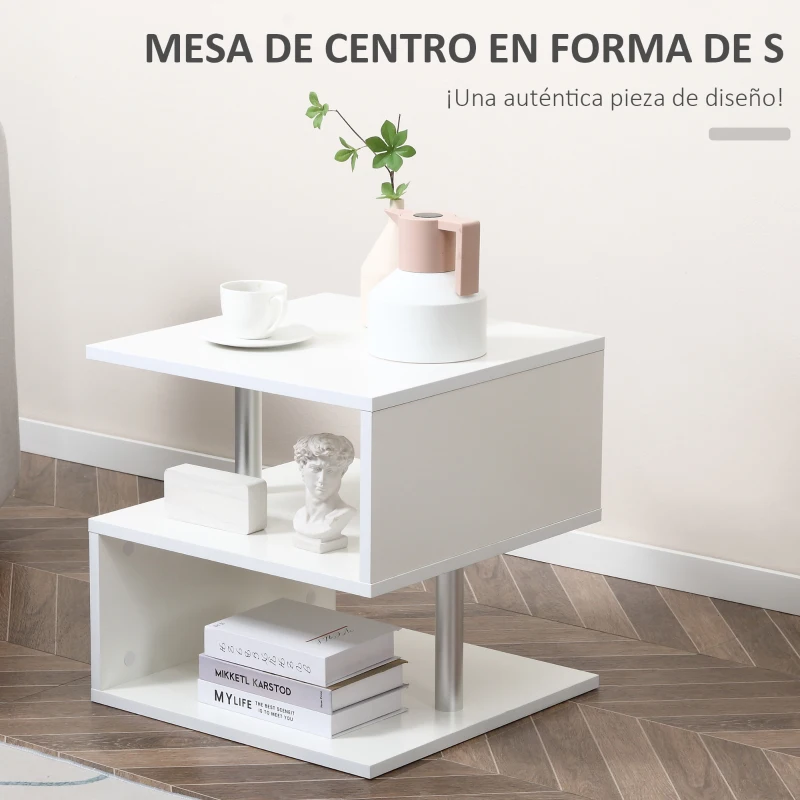 HOMCOM Mesita Auxiliar Mesa Auxiliar Pequeña Mesa para Sofá de Forma S con Compartimento Abierto Moderno 50x50x50 cm Blanco