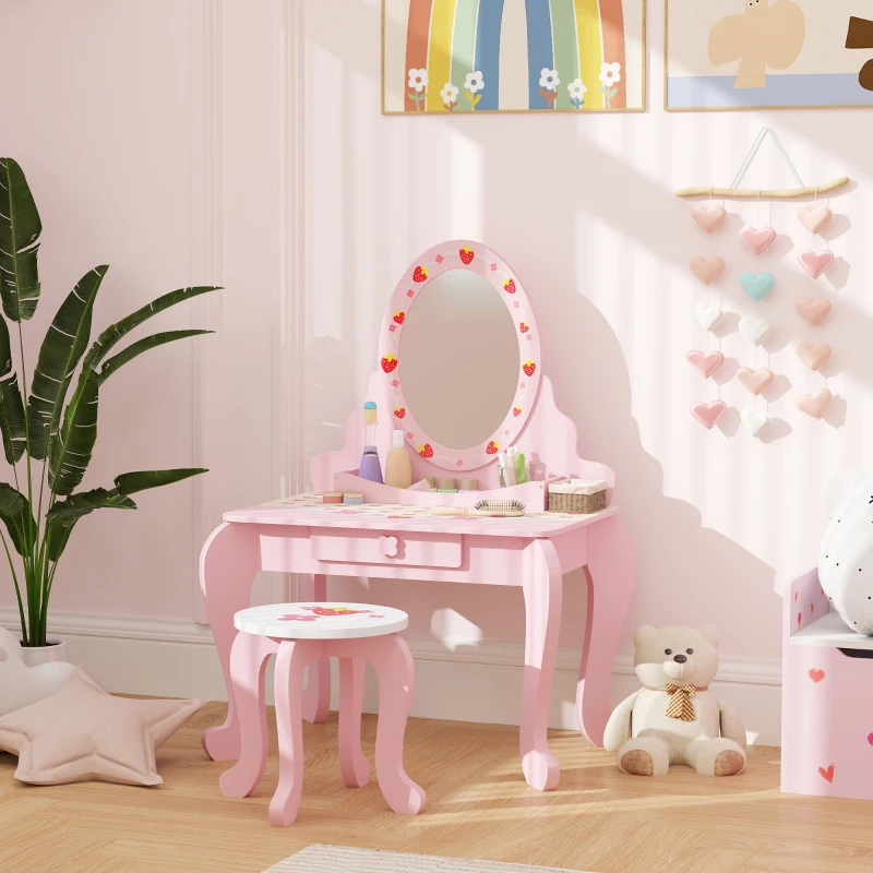 AIYAPLAY Kids Dressing Table Set, Vanity Table with Stool, Mirror, Drawer, Desktop, Storage, Strawberry-Theme, Pink