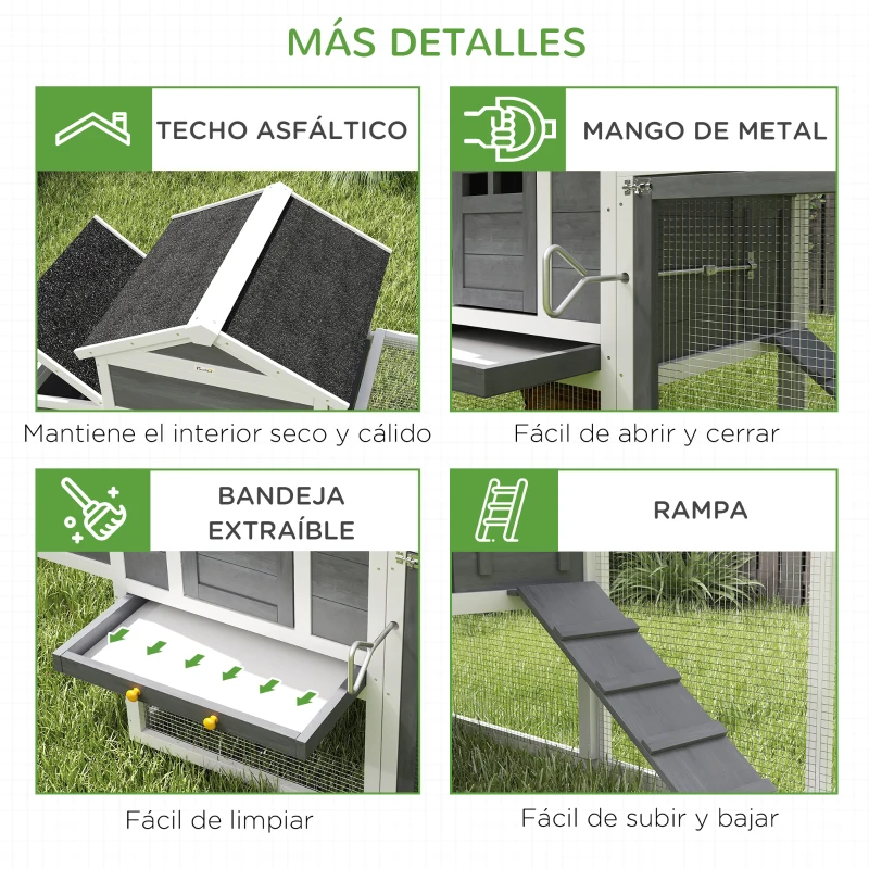 PawHut Gallinero de Madera Grande para 3-6 Gallinas con Techo Asfáltico Nido y Bandeja Extraíble 297,5x68x118 cm Blanco y Gris