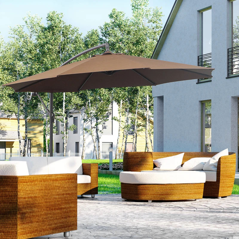 Outsunny Ombrellone Decentrato Ø3x2.5 m con Base a Croce e Manovella, in Acciaio e Poliestere color Caffè