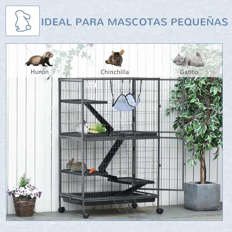 PawHut Jaula para Animales Pequeños de 4 Niveles Jaula para Roedores con Ruedas Rampas Hamaca Colgante y Bandeja Extraíble Recinto para Conejos Chinchillas Hurones 80x52x128 cm Gris Plateado