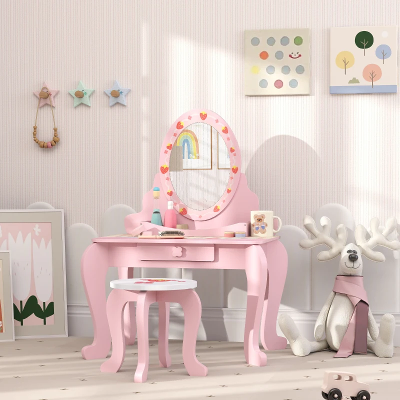 AIYAPLAY Kids Dressing Table Set, Vanity Table with Stool, Mirror, Drawer, Desktop, Storage, Strawberry-Theme, Pink