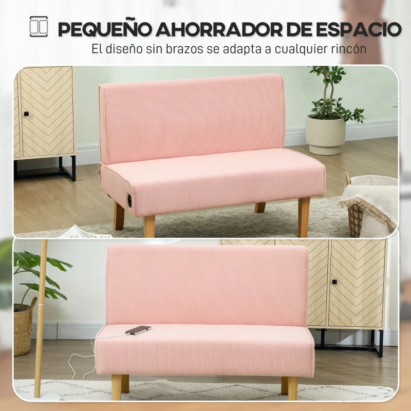 HOMCOM Sofá de 2 Plazas Tapizado en Pana con 2 Puertos USB 1 Puerto Tipo-C y Patas de Madera Carga 240 kg 110x60x85 cm Rosa