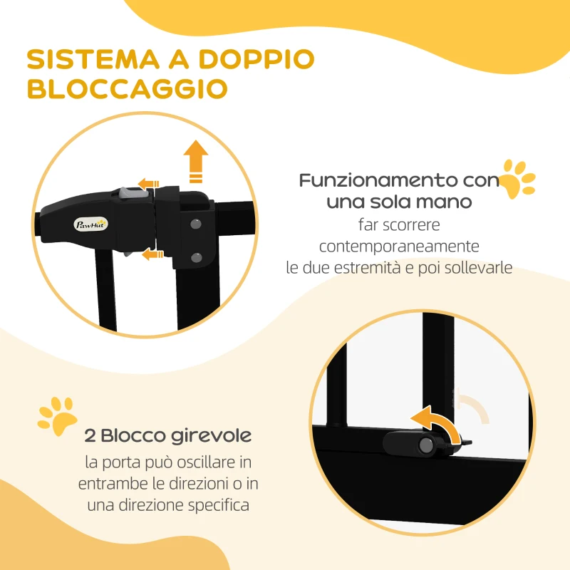 PawHut Cancelletto per Cani Estensibile con 2 Blocchi e Chiusura Automatica, in Metallo e Plastica, 74-87x78 cm, Nero
