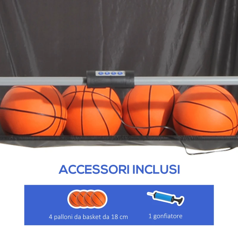 HOMCOM Canestri Basket con Tabellone LED, 4 Palloni e 8 Modalità di Gioco, 205x110x205 cm, Bianco e Nero