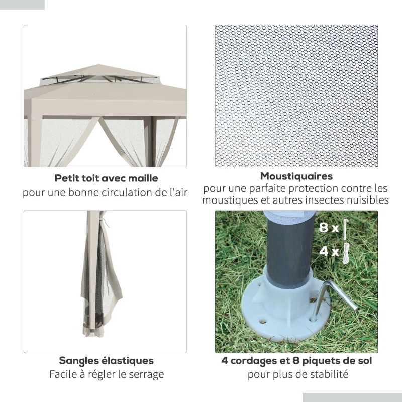 Outsunny Tonnelle barnum de jardin 3L x 3l m avec 4 moustiquaires amovibles - double toit - beige