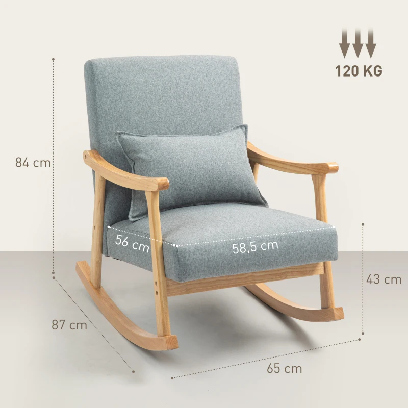 HOMCOM Silla Mecedora con Cojín Lumbar Respaldo Amplio y Base de Madera para Salón o Dormitorio 65x87x84 cm Gris Claro