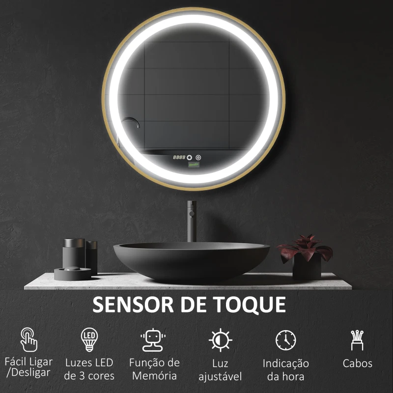 kleankin Espelho Casa de Banho Redondo com Luz LED 3 Luzes Ajustáveis Visualização de Temperatura e Hora Função de Memória Ø60x4cm Dourado