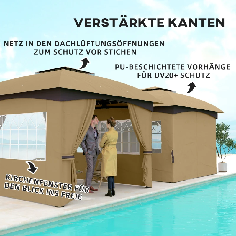 Outsunny 3,4 x 3,4 m Gartenpavillon, Bierzelt mit Lüftungsdach, Bogenfenstern, Stahlgestell, Beige