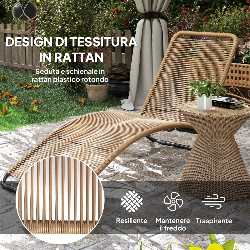 Outsunny Lettino Sdraio da Giardino a S in Rattan PE e Acciaio con Seduta Traspirante, 176x58x82 cm, Nero e color Legno