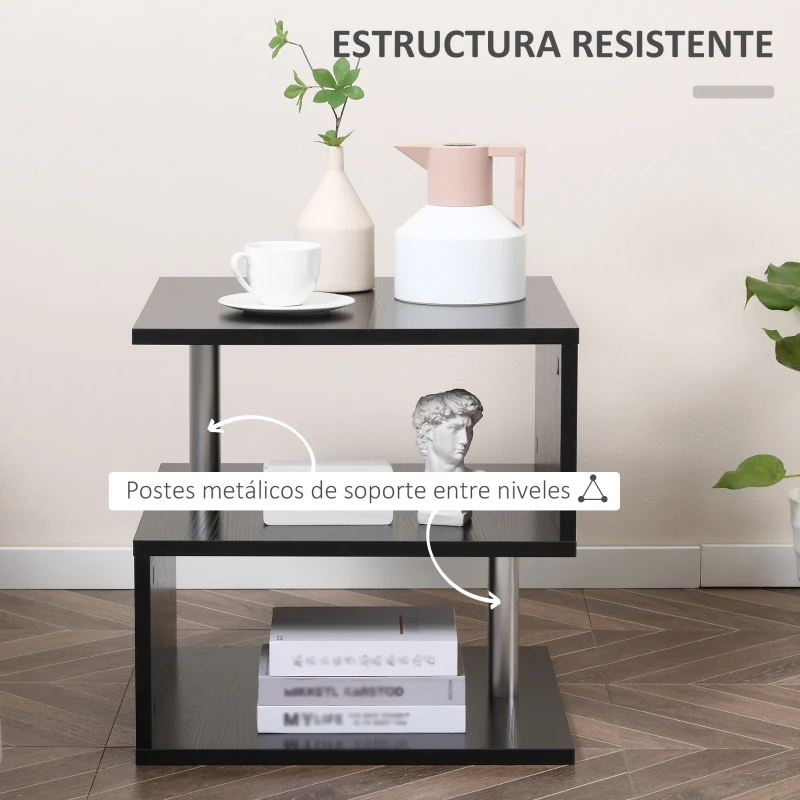 HOMCOM Mesita Auxiliar Mesa Auxiliar Pequeña Mesa para Sofá de Forma S con Compartimento Abierto Moderno 50x50x50 cm Negro