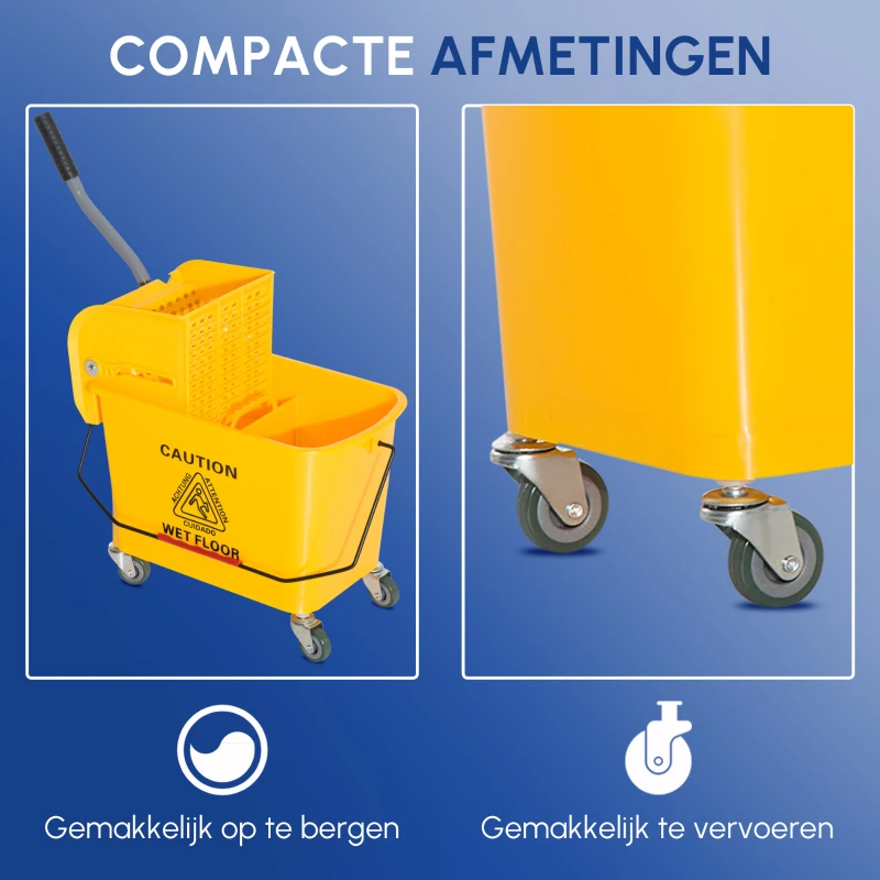 HOMCOM Schoonmaakwagen, verrijdbare emmer, schoonmaakemmer, 20 liter dweilwagen met pers, 2 bakken, geel