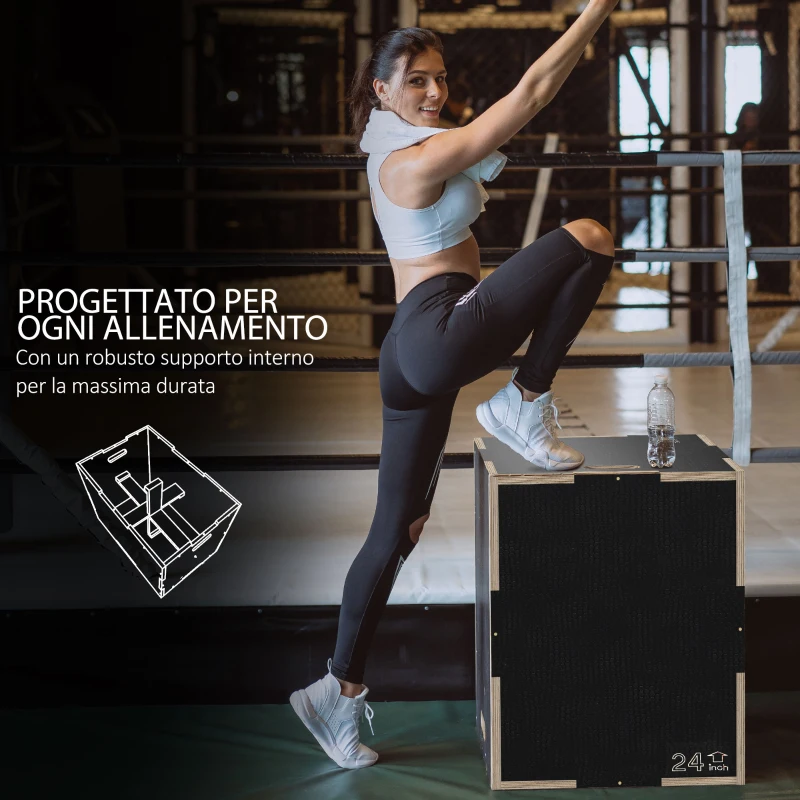 SPORTNOW Box Jump Pliometrico a 3 Altezze in Legno Antiscivolo, 61-51-41cm, Nero