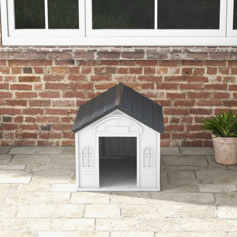 PawHut Casa para Perros 65x75,7x63 cm con Patrón de Ventana y Techo de Tejas de Imitación para Perros Medianos Gris y Blanco