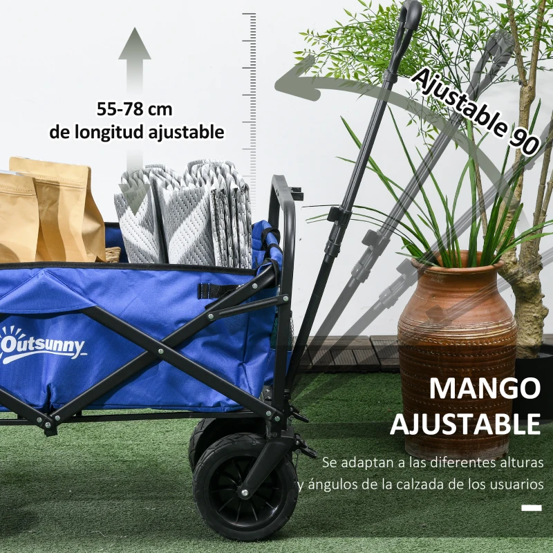 Outsunny Carro de Jardín Plegable con Longitud y Ángulo del Mango Ajustables y Bolsa de Transporte Carga 100 kg Azul Oscuro