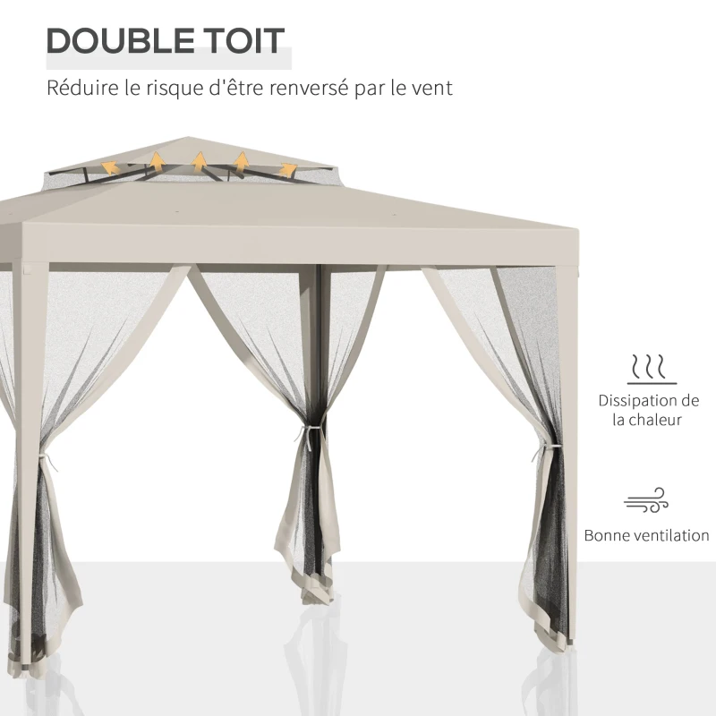 Outsunny Tonnelle barnum de jardin 3L x 3l m avec 4 moustiquaires amovibles - double toit - beige