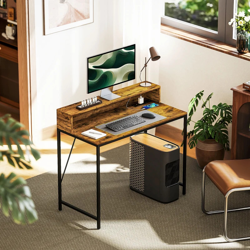 HOMCOM Computertafel met Aansluitingen, Bureau met Monitorstandaard en Plank, voor Thuiskantoor, Bureau, Werkkamer, Bruin