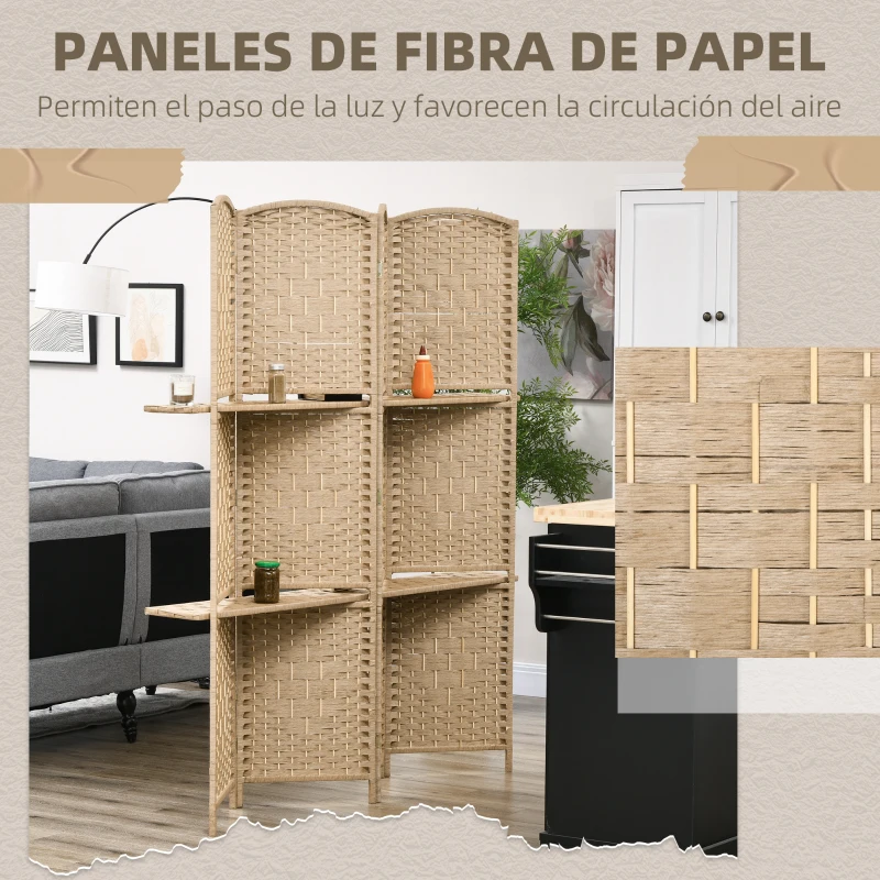 HOMCOM Biombo Separador de Ambientes 4 Paneles 160x170 cm con 2 Estantes de Exhibición Pantalla de Privacidad Plegable Natural