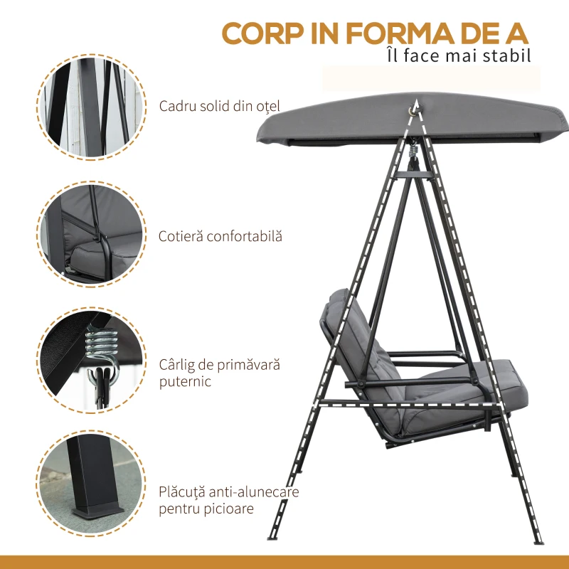 Outsunny Balansoar de Grădină 2 Locuri cu Acoperiș Reglabil și Perne, 144x117x173 cm, Gri Închis