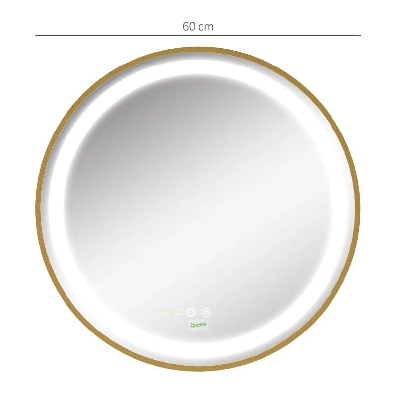 kleankin Espelho Casa de Banho Redondo com Luz LED 3 Luzes Ajustáveis Visualização de Temperatura e Hora Função de Memória Ø60x4cm Dourado