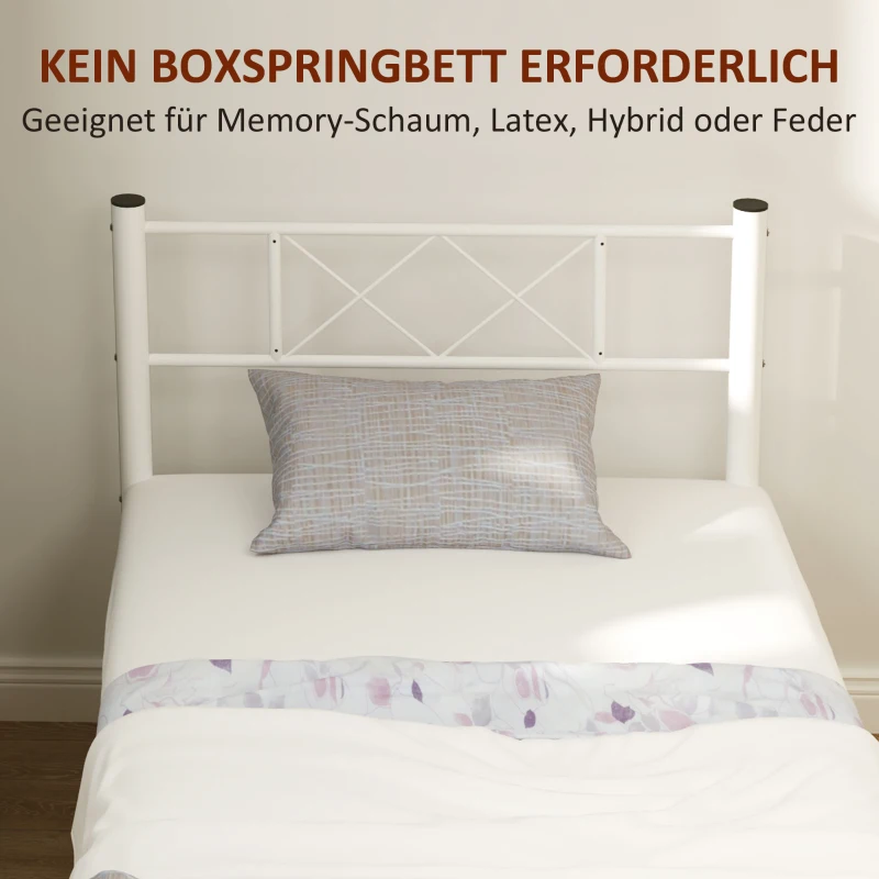 HOMCOM Jednoosobowe Łóżko z Wysokim Zagłówkiem, Łatwy Montaż, Przestrzeń Do Przechowywania pod Łóżkiem, Stal, Białe