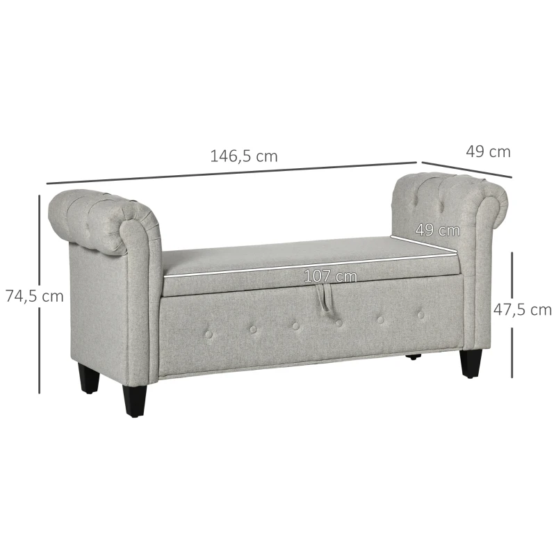 HOMCOM Banqueta Pie de Cama con Almacenamiento y Reposabrazos para Dormitorio Salón Pasillo 146,5x49x74,5 cm Gris Claro