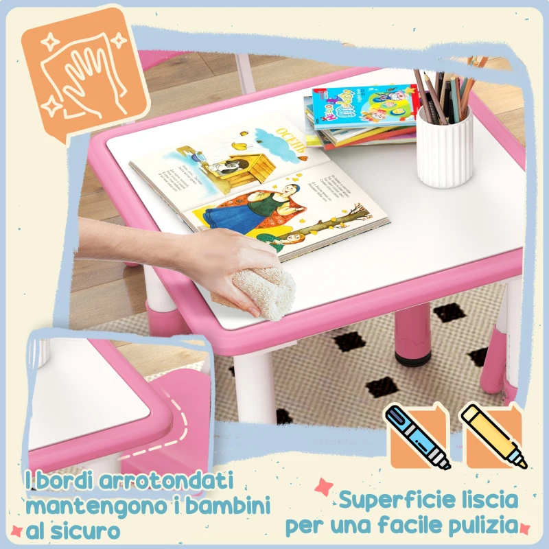 AIYAPLAY Set Tavolo e Sedie per Bambini 5pz con 4 Sedie Regolabili 32x36x52.5-56 cm e Tavolo 60x60x46-58 cm, Rosa