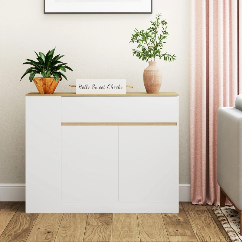 HOMCOM Sideboard, großes Schrankfach, 3 Ablagefächer, Schublade, 105 x 30 x 81,5cm, Weiß/Holz(m-7)