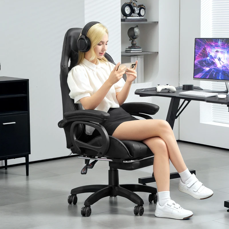 HOMCOM Sedia da Gaming Reclinabile a 125° e Massaggiante in Finta Pelle con Poggiapiedi, 65x68x120-128 cm, Nero