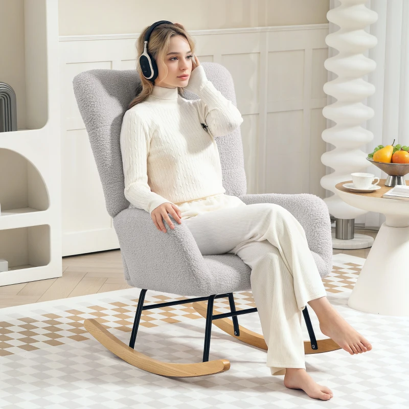 HOMCOM Schommelstoel in Lichtgrijs, Knuffelachtige Bekleding, Dikke Vulling, Antislip, Comfortabel