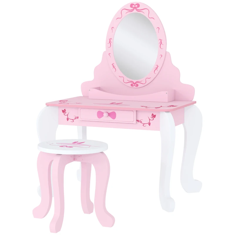 AIYAPLAY Kids Dressing Table Set, Vanity Table with Stool, Mirror, Drawer, Desktop, Storage, Ballet-Theme, Pink