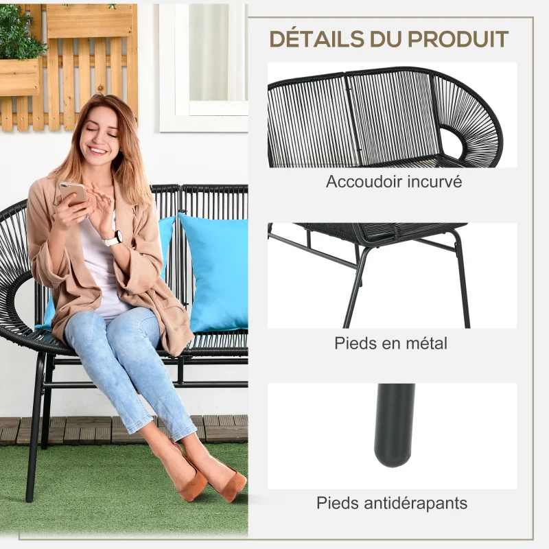 Outsunny Banquette banc de jardin 2 places en métal et cordage en résine avec 2 coussins - dim. 132L x 72l x 83H cm - noir