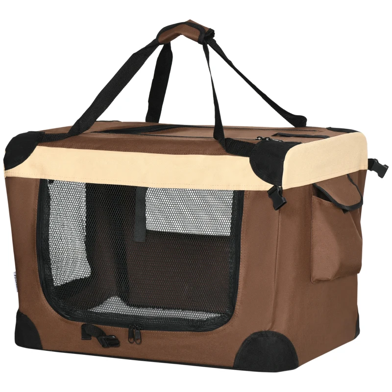 PawHut Transportín para Perros y Gatos Bolsa de Transporte para Mascotas Plegable con Cojín 60x41x41 cm Marrón