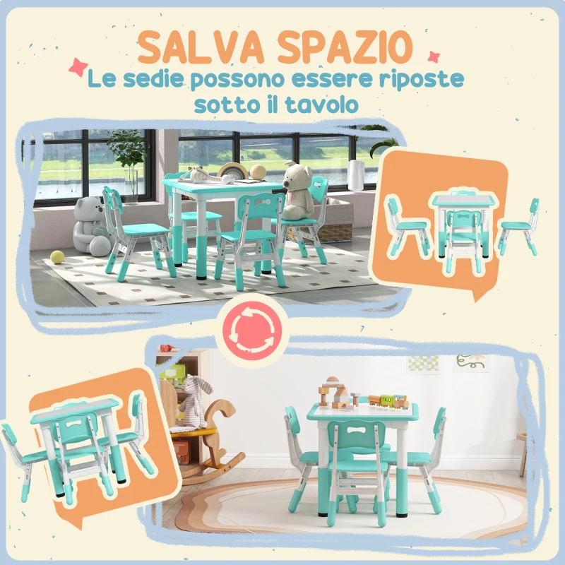 AIYAPLAY Set Tavolo e Sedie per Bambini 5pz con 4 Sedie Regolabili 32x36x52.5-56 cm e Tavolo 60x60x46-58 cm, Verde