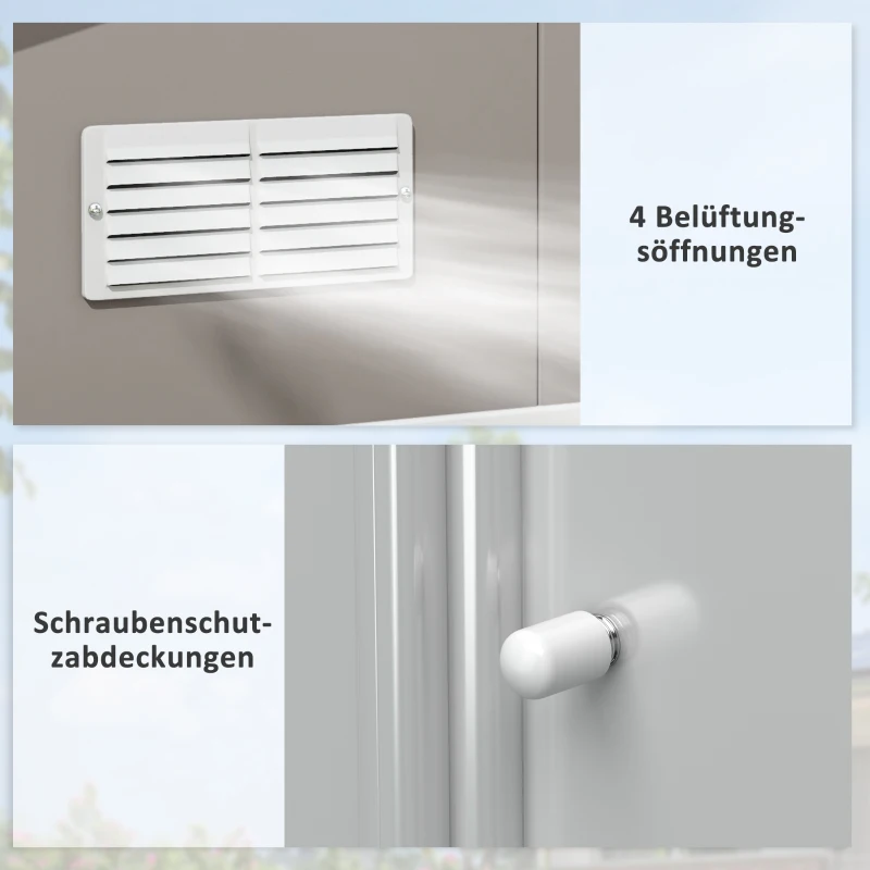 Outsunny Geräteschuppen, Wetterfestes Gartenhaus für Gartengeräte, mit Belüftungsfenstern, Schiebetüren, Stahl, Hellgrau(m-8)