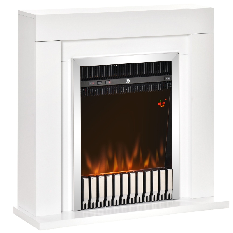 HOMCOM Camino Elettrico Da Terra Bianco/Nero – Fiamma Realistica, 1000/2000W, Termostato, Timer 7 Giorni E Telecomando – Riscalda 20-25 M²