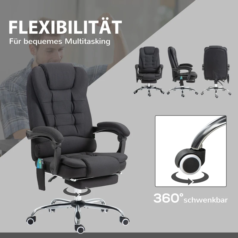 Vinsetto Bürostuhl mit Massagefunktion, Ergonomischer Schreibtischstuhl mit Liege- & Wärmefunktion, höhenverstellbar, Schwarz(m-7)