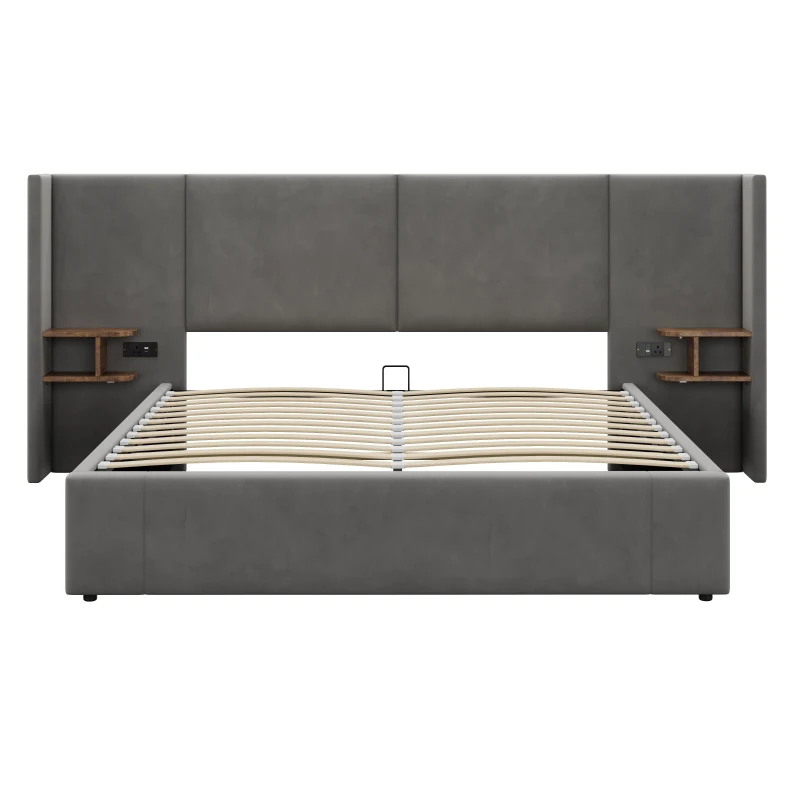 Super King Size Upholstered Bed Frame with Lift-Up Storage, Wide-Ear Design Ottoman Bed with Socket, 2 Bedside Tables, 180x200 cm, Grey
