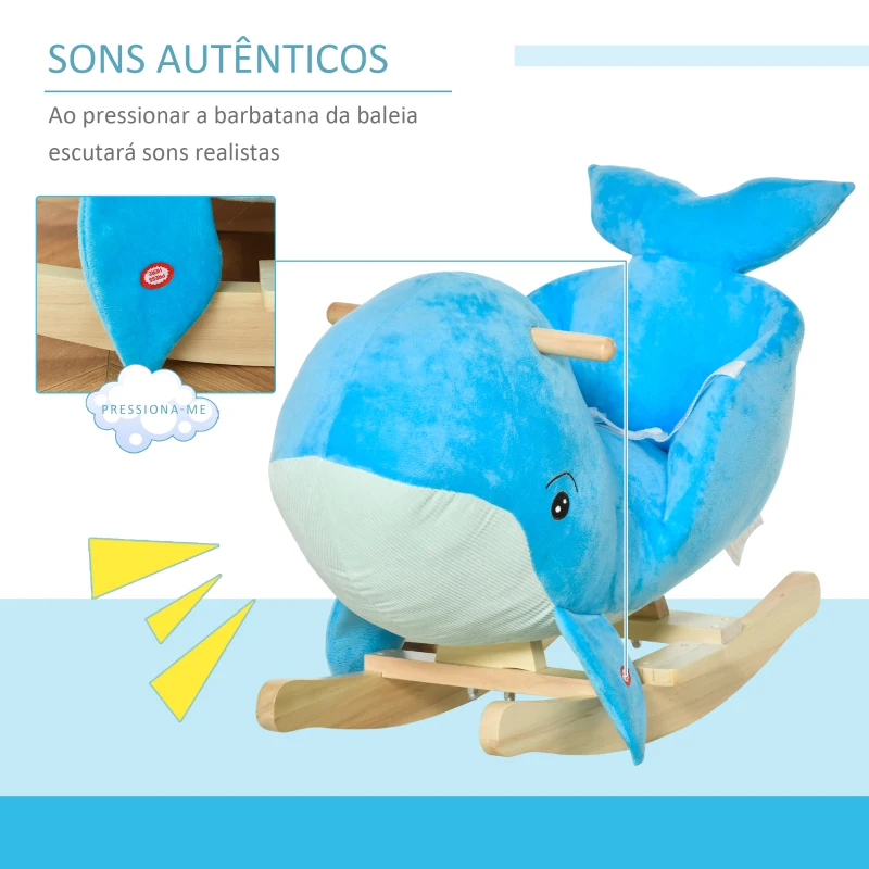 HOMCOM Baloiço com Forma de Baleia para Crianças de 18-36 Meses Baloiço de Pelúcia com Sons Cinto de Segurança e Apoio para os Pés 60x33x50 cm Azul