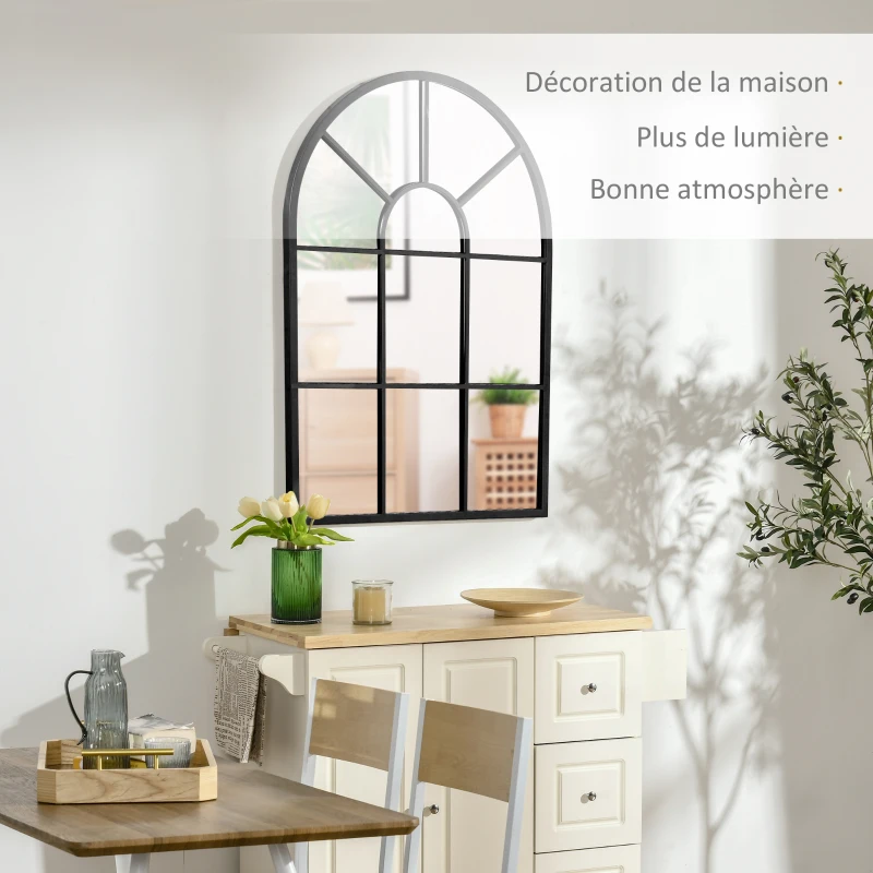 HOMCOM Miroir mural arqué 91 x 60 cm, miroir verrière arche style industriel, miroir de fenêtre arqué avec cadre métallique, pour salon, chambre, couloir, noir