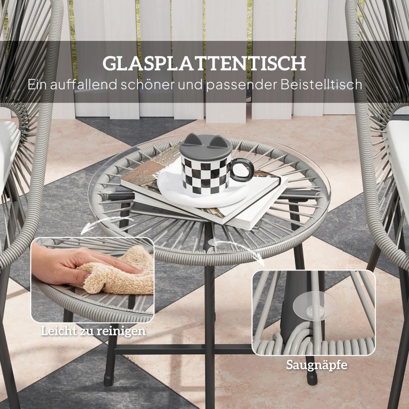 Outsunny 3-teiliges Outdoor-Möbelset, 1 Tisch, 2 Stühle, Rattan-Geflecht, Stahlrahmen, Kaffeetisch mit Glasplatte, Dunkelgrau