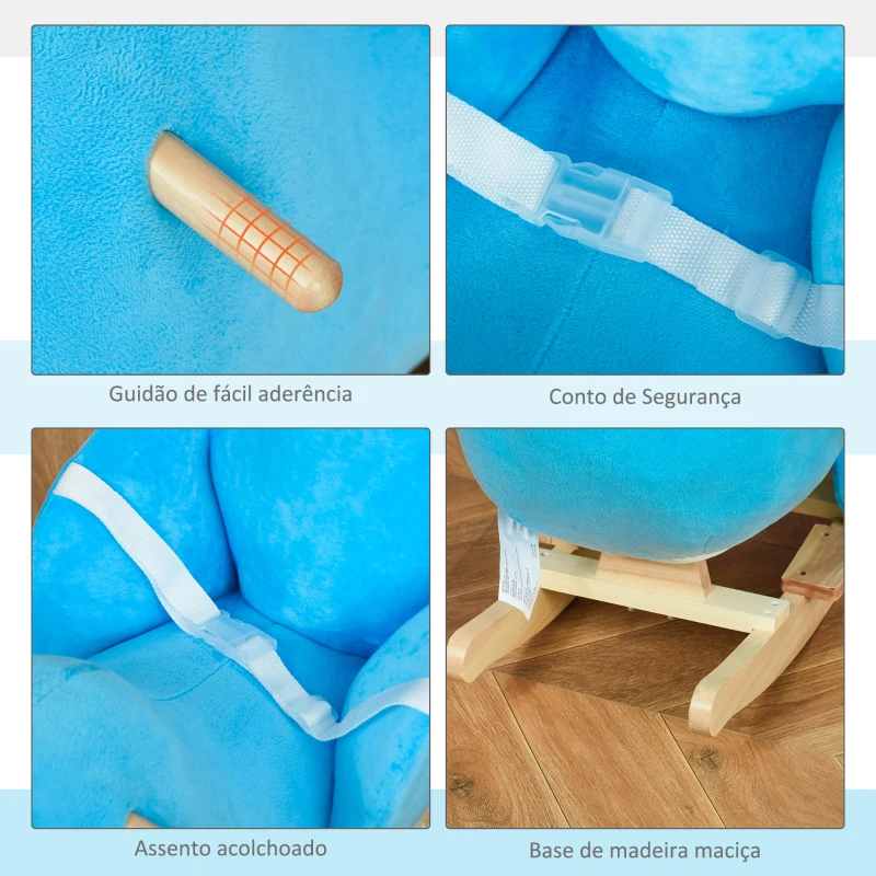 HOMCOM Baloiço com Forma de Baleia para Crianças de 18-36 Meses Baloiço de Pelúcia com Sons Cinto de Segurança e Apoio para os Pés 60x33x50 cm Azul
