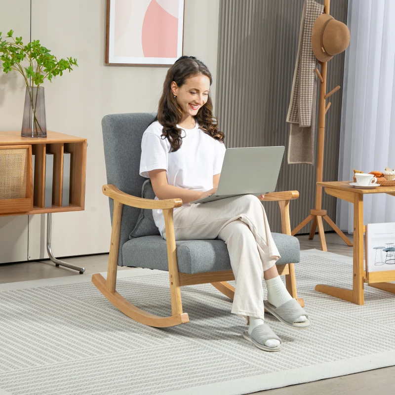HOMCOM Silla Mecedora con Cojín Lumbar Respaldo Amplio y Base de Madera para Salón o Dormitorio 65x87x84 cm Gris Claro