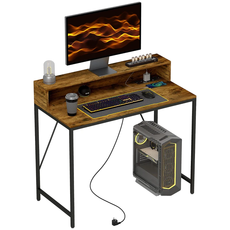 HOMCOM Computertafel met Aansluitingen, Bureau met Monitorstandaard en Plank, voor Thuiskantoor, Bureau, Werkkamer, Bruin