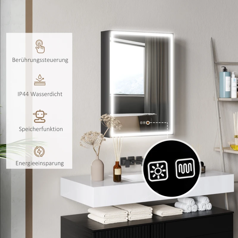 HOMCOM LED Spiegelkast voor Badkamer, 50 x 70 cm, Dimbaar, Anti-Beslag, Zwart