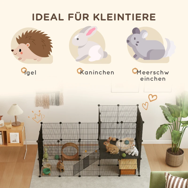 PawHut Gehege für Zwergkaninchen, 39-Paneel-Stall für kleine Haustiere, mit Rampe, für Kleintiere, Indoor, Schwarz(m-7)