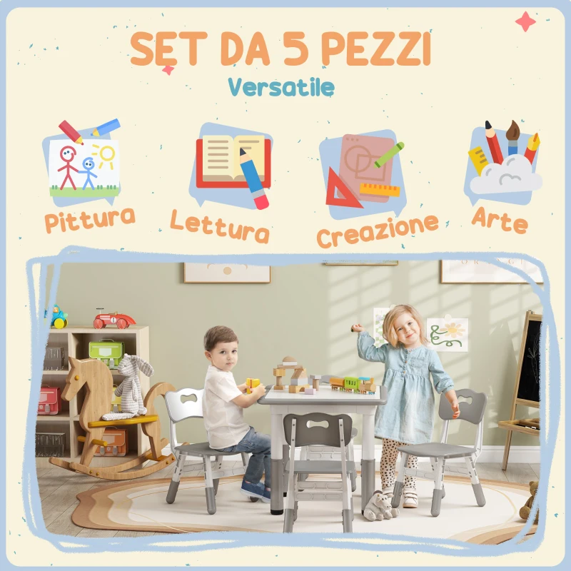 AIYAPLAY Set Tavolo e Sedie per Bambini 5pz con 4 Sedie Regolabili 32x36x52.5-56 cm e Tavolo 60x60x46-58 cm, Grigio