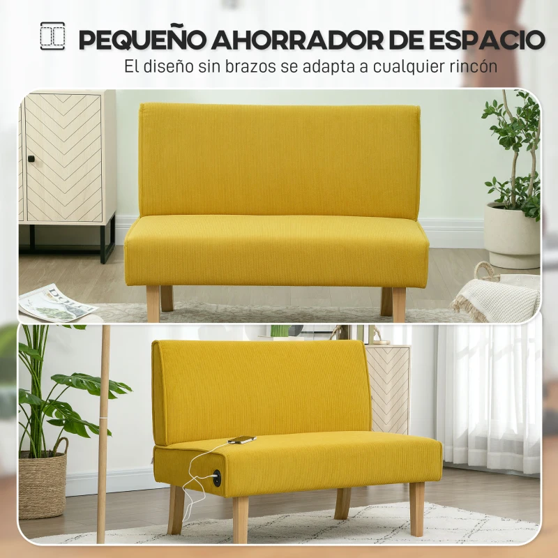 HOMCOM Sofá de 2 Plazas Tapizado en Pana con 2 Puertos USB 1 Puerto Tipo-C y Patas de Madera Carga 240 kg 110x60x85 cm Amarillo