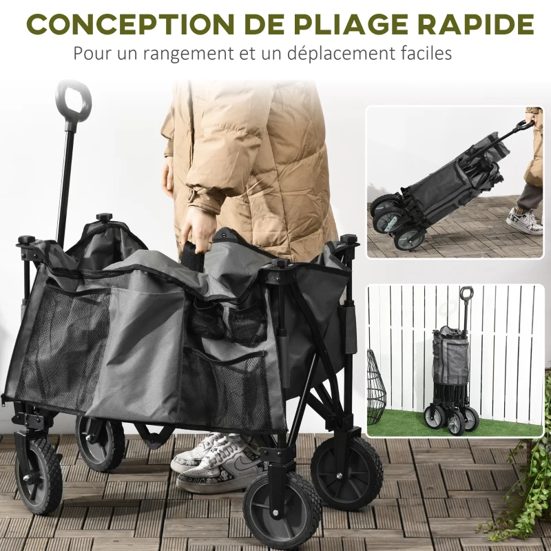 Outsunny Chariot de jardin pliable bâche amovible poignée télescopique inclinaison réglable 5 sacs 108 x 55 x 93 cm gris foncé