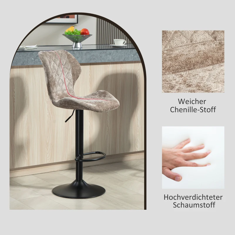 HOMCOM Stołki Barowe w Zestawie 2 szt., Regulowane Stołki Kuchenne z Oparciem, Gazowy Podnośnik, Podnóżek, Obrotowe, Brązowe